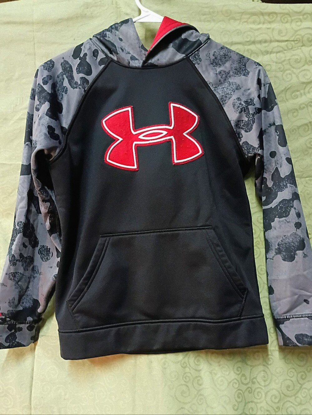 Under Armour Kids Black Hoodie with Red Logo and Gray Camo Sleeves